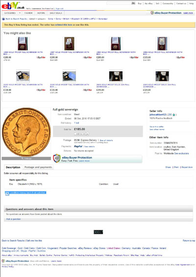 johncuthbert123 Full Gold Sovereign eBay Auction Listing